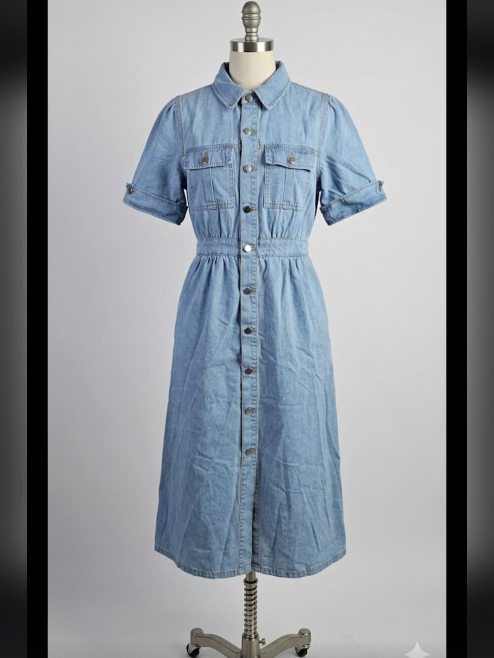 Light Blue Denim Midi Shirt Dress with Button Front